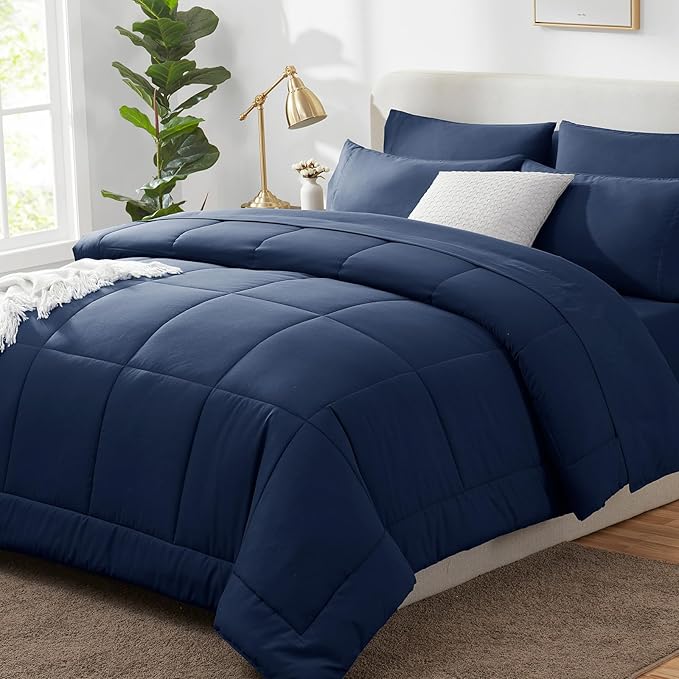 CozyLux Oversized King Comforter Sets Navy Blue, 7 Pieces Bed in a Bag, Ultra-Soft All Season Bedding Sets with Stitch Quilted Comforter, Flat Sheet, Fitted Sheet, Pillowcases