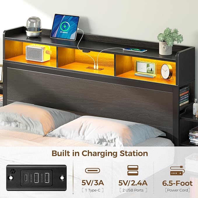 Rolanstar Bed Frame Queen Size with Bookcase Storage Headboard, Slide Out Bedside Storage, Bed with Charging Station & LED Lights, Heavy Duty Metal Slats, No Box Spring Needed, Noise Free, Black