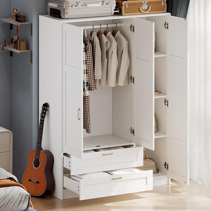 66" 3 Doors Wooden Wardrobe Closet Armoire with 2 Drawers & 3 Shelves, Wooden Wardrobe Closet with Hanging Rod, Bedroom Large Capacity Freestanding Armoire for Bedroom,Cloak Room,Entrance Hall, White
