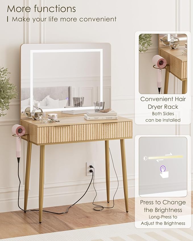 Vanity Desk with Large Mirror and Lights, Small Makeup Vanity Table with 2 Drawers, Dressing Table with 3 Adjustable Lighting Color, Small Makeup Desk for Bedroom, Natural with Gold Leg