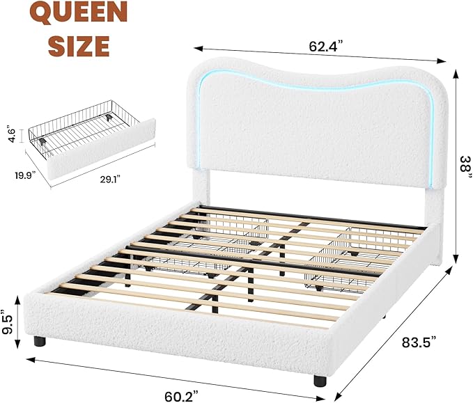 GarveeHome LED Queen Bed Frame with 2 Drawers and Headboard, Cute Upholstered Bed with Storage, Sturdy Platform Bed, No Box Spring Needed, Wooden Slats, Noise Free, White