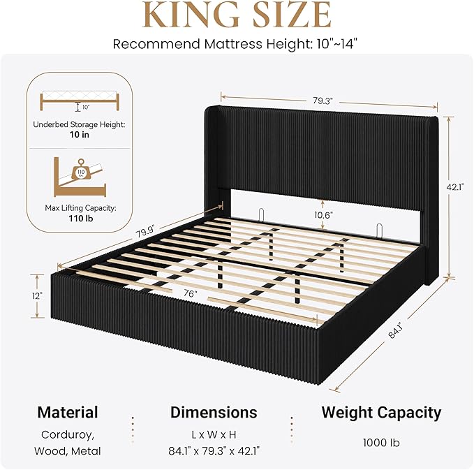 SHA CERLIN King Size Lift Up Storage Bed Frame, Modern Upholstered Wingback Headboard, Hydraulic Support & Underneath Storage, Soft Corduroy Fabric Platform Bed, No Box Spring Needed, Black