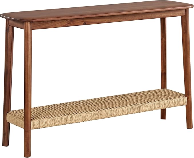 Alaterre Furniture Calais 48 Inch Solid Wood Entryway Table with Woven Storage Shelf – Mid Century Modern 2-Tier Sofa Table for Living Room, Hallway, or Foyer (Chestnut)