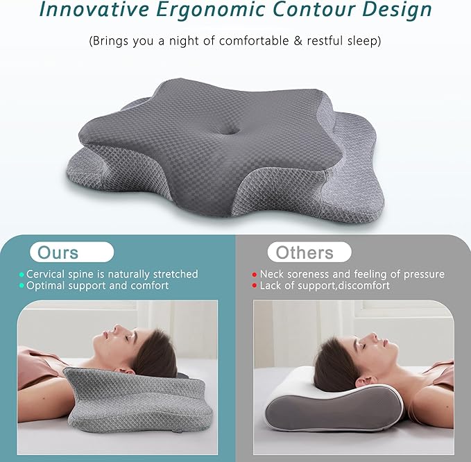 CHxxy Cervical Neck Pillow for Pain Relief Sleeping, Memory Foam Pillows, Ergonomic Side Sleeper Pillows, Cooling Orthopedic Neck Support Pillow for Back Stomach Sleepers-Queen Size Grey&Grey