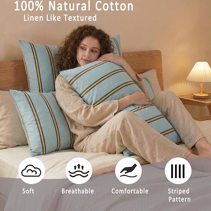 Merryword Standard Size Pillowcases, 100% Cotton Pillow Cases, Green and Orange Striped Pillowcases, Soft Breathable Wide Stripe Pillow Covers, Set of 2