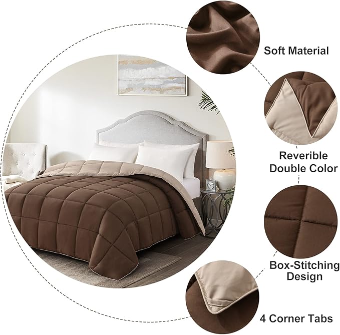 Homelike Moment Oversized Queen Comforter - Brown Duvet Insert Down Alternative Bed Comforter, Lightweight Bedding Comforters Oversize Queen Quilted Soft All Season Reversible Chocolate Brown/Beige