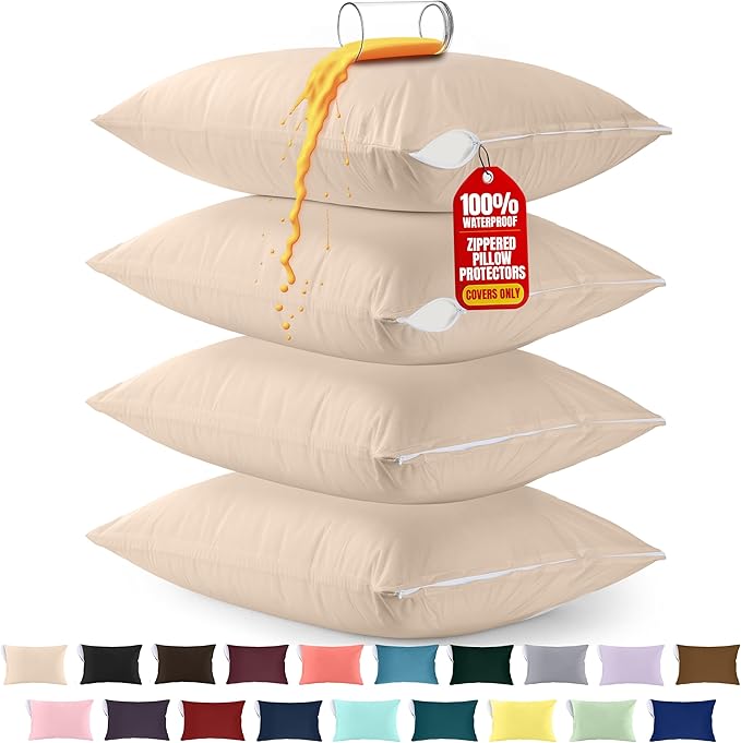 Utopia Bedding Premium 100% Waterproof Pillow Protectors with Zipper Queen Size (Set of 4), Bed Bug and Dust Mite Proof Zippered Pillow Covers, Pillow Encasement Cases, Beige