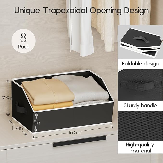 Homsorout Large Closet Organizers and Storage Bins - 8 Pack Trapezoid Storage Baskets for Shelves, Foldable Fabric Baskets with Handles Ideal for Closet, Basket, Wardrobe and Shelf Storage, Black
