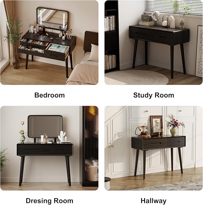 Solid Wood Vanity with Mirror and Lights, Adjustable Brightness, Wood Makeup Vanity with 3 Drawers, Semi-Assembled, Vanity Desk for Bedroom (Black)