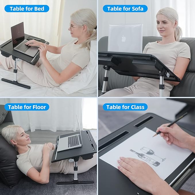 KLEAR Laptop Bed Tray Table [Luxury PVC Leather], Adjustable Laptop Desk for Bed, Foldable Lap Desk for Laptop with 2 Drawers, Multifunctional Lap Table for Working, Eating, Writing, Gaming, Drawing
