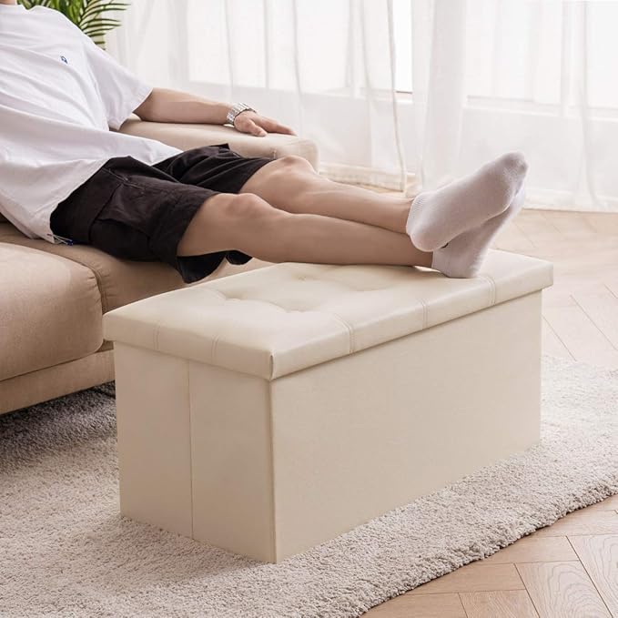YOUDENOVA Folding Storage Ottoman, Faux Leather Ottoman Bench Footrest Ottoman, Storage Chest Padded Seat for Bedroom and Living Room, Beige,15" D x 30" W x 15" H