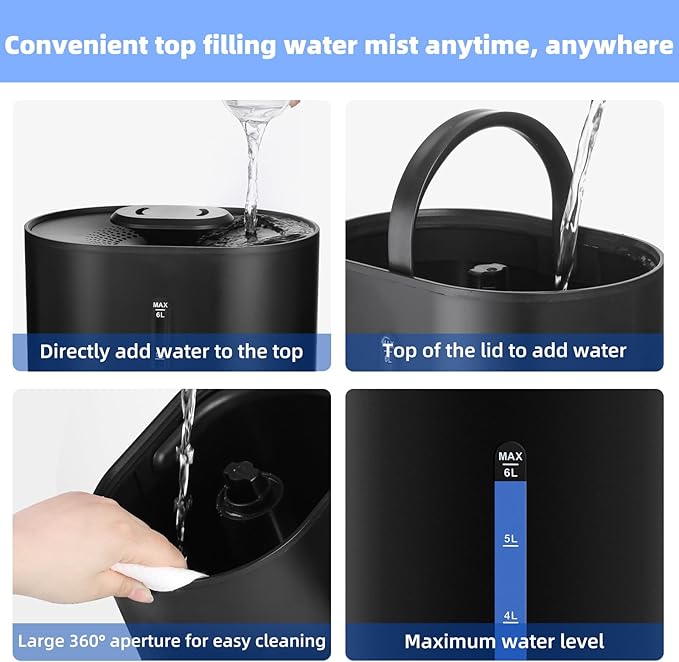 Coolfiqu 6L Humidifiers for Bedroom Large Room Home,Cool and Warm Humidifier for Baby and Plants Hot Mist Top Fill Desk Humidifier Oil Diffuser,Quiet,Auto Mode,360°Nozzle-Midnight Black(2026 Upgraded)