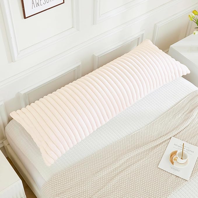 JAUXIO Faux Fur Fluffy Body Pillow Cover Luxury Textured Vertical Stripe Plush Decorative Pillowcase, Ultra Soft and Cozy with Zipper Closure 21 x 54 Inches, Beige