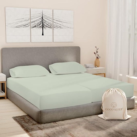 Good Sleep Bedding Split King Sheets Sets for Adjustable Bed, 5 Piece, 100% Egyptian Cotton Sheets for Adjustable Beds, Sateen Weave, Ultra-Soft, 16" Deep Pocket BedSheets - Sage