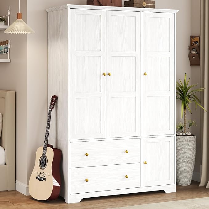 ONBRILL 3 Doors Wooden Wardrobe Closet Armoire with Pull Out Pants Rack, Bedroom Large Capacity Armoire with Drawers and Shelves, Storage Cabinet for Hanging Clothes, White