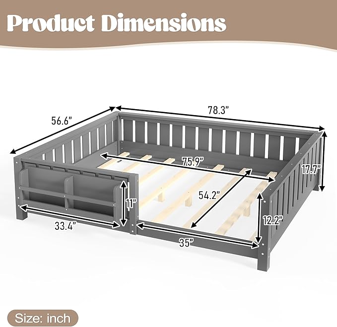 Bellemave Full Size Kids Montessori Bed with Bookshelf,Solid Wood Full Floor Bed Frame with Fence and Slats for Girls Boys,Low-Profile,Gray