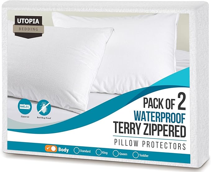 Utopia Bedding Set of 2 Waterproof Pillow Protectors with Zipper Body Size, Terry Pillow Covers, Bed Bug and Dust Mite Proof Pillow Cases