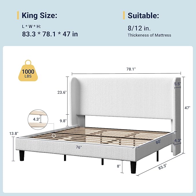 Allewie King Size Bed Frame with Upholstered Wingback Headboard, Vertical Channel Tufted Corduroy Velvet Platform Bed, Strong Wooden Slats Support, No Box Spring Needed，Easy Assembly, No Squeak, White