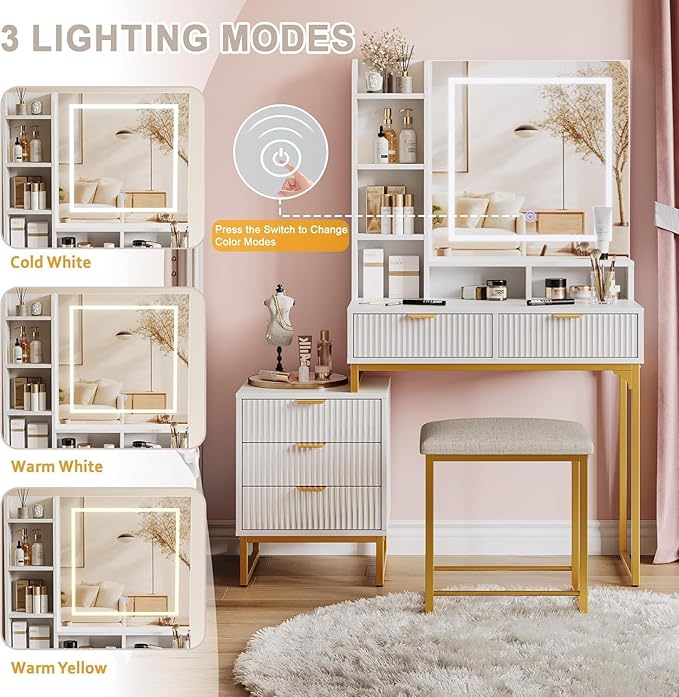 GarveeHome Makeup Vanity Desk with Mirror and Lights, Vanity Table with 5 Drawers, Vanity Set with Stool and Removable Side Storage Cabinet for Bedroom, White & Gold