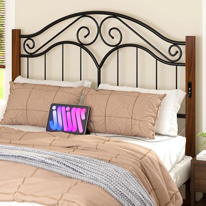 Elephance Headboard for Full Size Bed Frame with Charging Station,USB and Type C Ports, Adjustable Height,Vintage Platform Bed Full Headboard Only, Iron Legs,Easy Assembly,Black