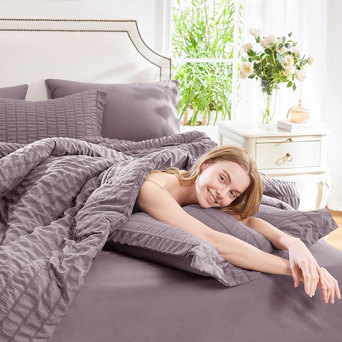 CozyLux Twin XL Comforter Set with Sheets Seersucker Dusty Purple 5 Pieces Bed in a Bag, Grayish Purple Twin Extra Long Bedding Sets College Dorm Down Alternative Comforter, Sheets, Pillowcase & Sham