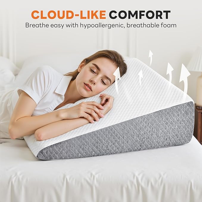 Sweetcrispy 7.5 Inch Wedge Pillow, Body Pillow for Snoring, Sleep Apnea, Neck Pain Relief, Post Surgery, Sleeping Comfort, White & Gray