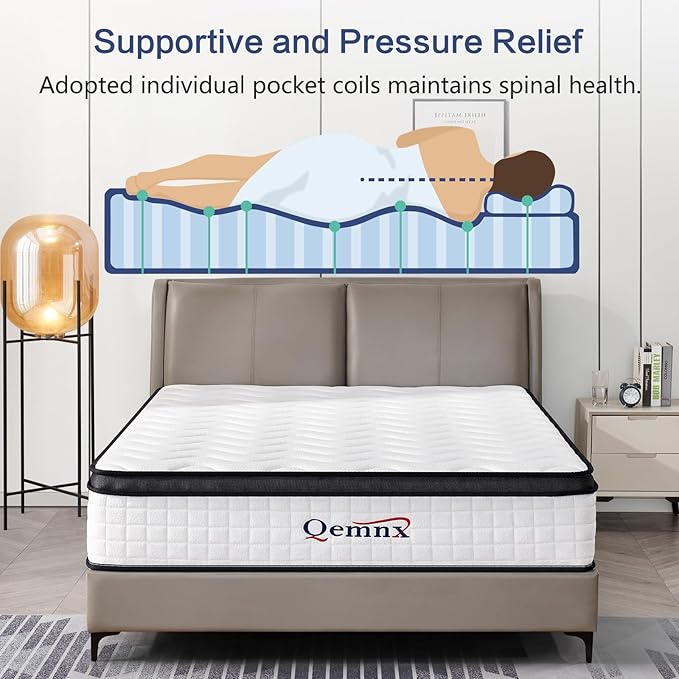 12 Inch Queen Hybrid Mattress, Memory Foam and Spring Construction, with Edge Support, Motion Isolation & Pressure Relief, Breathable & Eco-Friendly, Easy Setup
