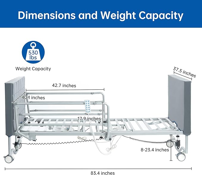 Hospital Bed with 5 Electric Functions, Ultra Low Electric Medical Bed with Movable Dining Table & 6" Foam Mattress, Adjustable Height 8”-23.4”, 530 lbs Capacity