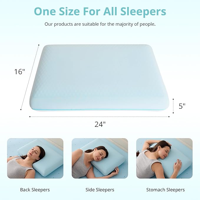 Gelsea Cooling Gel Memory Foam Pillow - Reversible Design, Neck Support for Side, Back, Stomach Sleepers, Standard Size, Removable & Machine Washable Cover, Pressure Relief for Hot Sleepers, Pale Blue