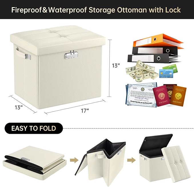 DocSafe Storage Ottoman with Lock,Fireproof＆Waterproof 17 Inches Folding Storage Box with Handles Safe for Important Documents,Leather Storage Ottoman Storage Chest for Living Room,Bedroom,Beige