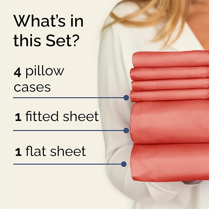 Cal King 6 Piece Sheet Set - Comfy, Breathable & Cooling - Hotel Luxury Bedding for Women, Men, Kids, Teens & Children - 1 Flat & 1 Fitted Sheet & 4 Pillowcases w/ Deep Pockets - Wrinkle Free - Coral
