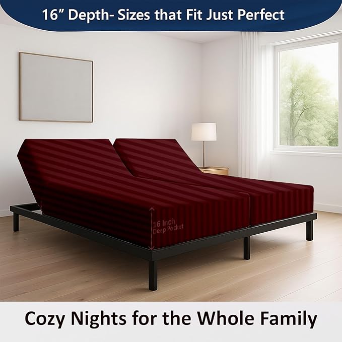 5 Piece Split Queen Sheet Set, 100% Egyptian Cotton, 16 Inch Deep Pockets, Burgundy Stripe, Soft Cooling Sheets for Adjustable Beds, Sleep Number Beds, Split Queen Mattress Sheet Set