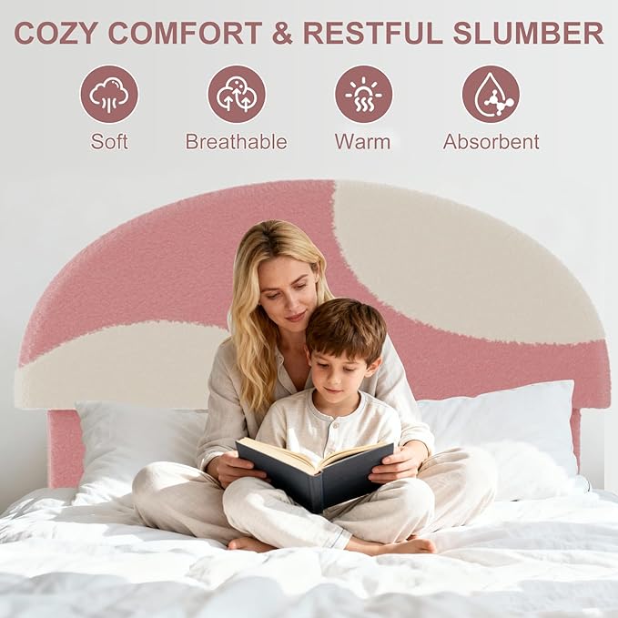 Garvee Full Bed Frame with Round Boucle Headboard, Upholstered Arch-Shaped Design in Soft Pink and White, Modern Kids Bed with Wooden Slats, No Box Spring Required and Easy Assembly
