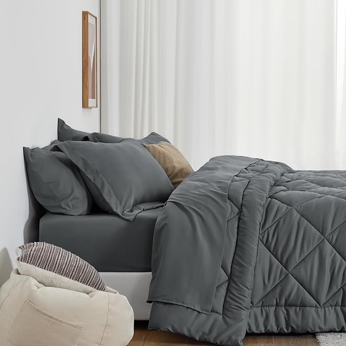 Love's cabin Queen Comforter Set Dark Grey, 7 Pieces Queen Bed in a Bag, All Season Bedding Sets with 1 Comforter, 1 Flat Sheet, 1 Fitted Sheet, 2 Pillowcase and 2 Pillow Sham | Soft, Breathable, Lightweight, Comfortable