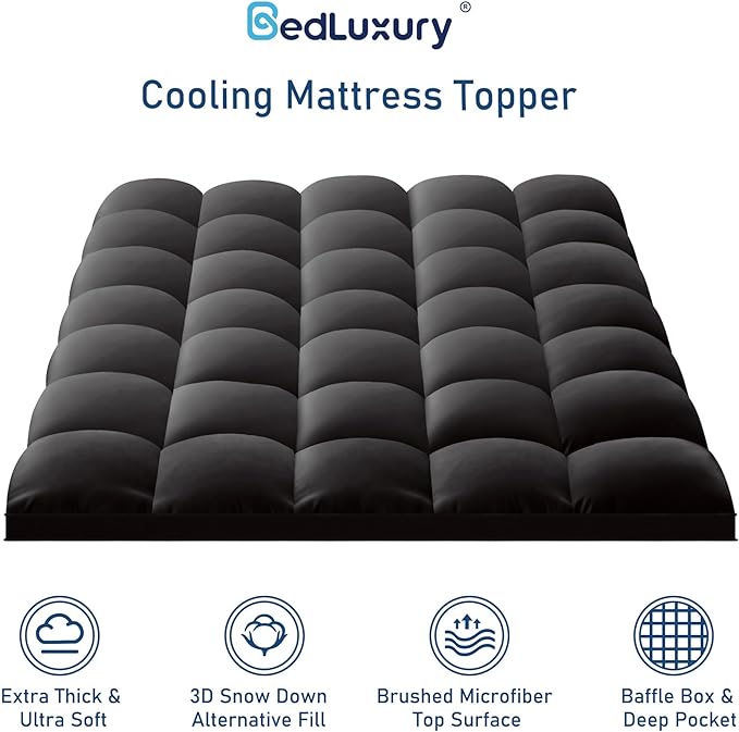 Twin XL Mattress Topper Extra Thick Pillowtop Cooling Plush Mattress Pad Cover Protector with 8-21 Inch Deep Pocket 3D Snow Down Alternative Fill Black
