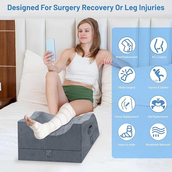 TranquilRelax Double Leg Elevation Pillows, Wedge Pillow for After Surgery, Memory Foam Support Adjustable, Comfort Care for Back Knee Hip Ankles Pain, Knee Pillow for Sleeping Blood Circulation Grey