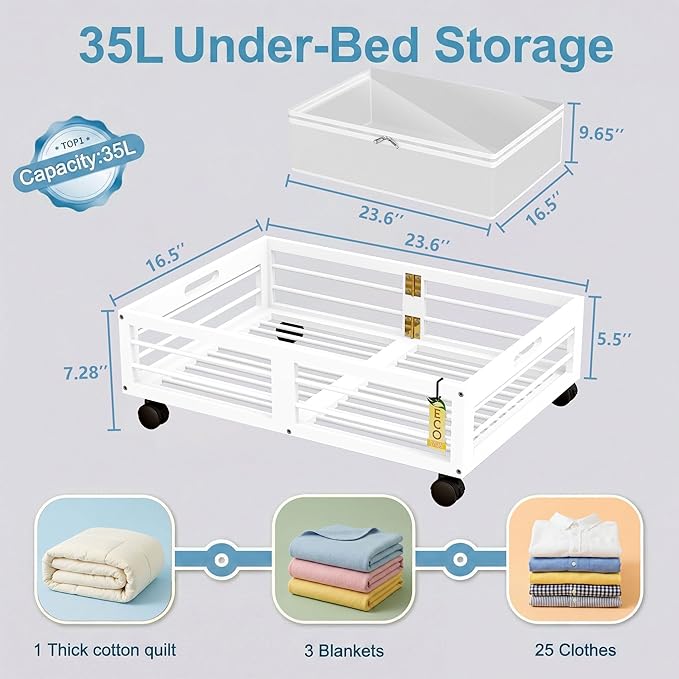 Bamboo Underbed Storage Containers with Wheels & Bag 2 Pack, Large Under Bed Rolling Storage Bins Wood Under Bed Clothes Storage Stackable Drawers for Bedroom Closet Under Crib Toy(White)