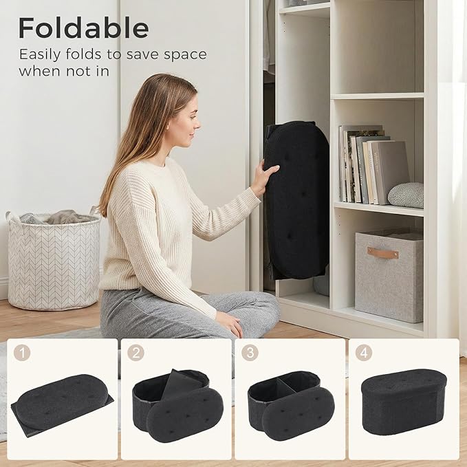 DUMOS Folding Storage Ottoman Bench, Oval Round Ottoman End of Bed Foot Rest Bench Stool with Cushion, Storage Chest for Bedroom, Living Room, Entryway, Dorm, Teddy Fabric, Black
