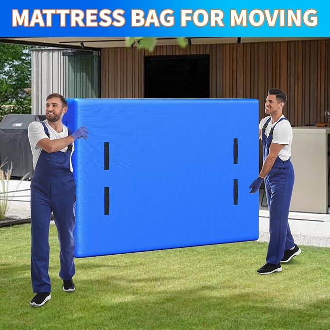 Full XL Mattress Bag for Moving and Storage, Reusable Heavy Duty Tarp Waterproof Mattress Cover, Zippered Mattress Protector with 8 Strong Carrying Handles, 82’’ Lx 57’’ W x 15’’ D