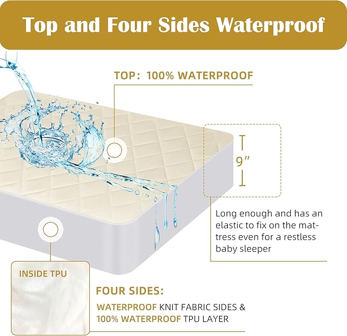 Organic Crib Mattress Protector - Top&Side Waterproof, 100% Waterproof Crib Mattress Protector, Breathable Cotton Toddler Mattress Protector, Baby Crib Mattress Cover Fitted 52x28x9 in