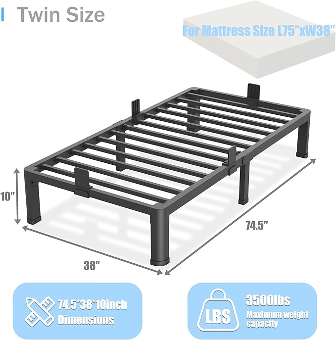 Yitong Angel 10 inch Twin Bed Frame with Round Corner Legs Mattress Slide Stopper,Low Profile Heavy Duty Metal Platform,No Box Spring Needed,Steel Slat Support,Easy Assembly,Noise Free