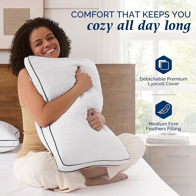 downluxe Goose Feather and Down Pillows - 2 Pack Gusseted Hotel Collection Feather Pillows for Back, Stomach or Side Sleepers, Bed Pillows King Size Set of 2 (18"x34"x2")