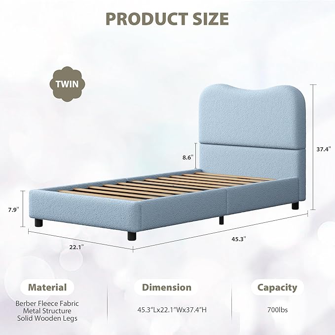 Boucle Twin Bed Frame for Kids with Upholstered Headboard, Low Profile Sturdy Platform Bed with Soft Boucle Fabric for Girls and Boys, Heavy Duty, Wooden Slats, Noise Free, No Box Spring Needed, Blue