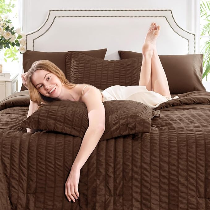 CozyLux Queen Comforter Set Brown Seersucker 7 Pieces Bed in a Bag Queen Comforter Set with Sheets, Luxury Soft Bedding Sets with Down Alternative Comforter, Sheets, Pillowcases & Shams for All Season