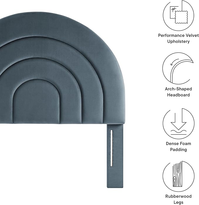 Modway Solana Soft Arch Shaped Round Twin Headboard in Cadet Blue – Upholstered Headboard – Stain-Resistant Performance Velvet Headboard for Twin Beds