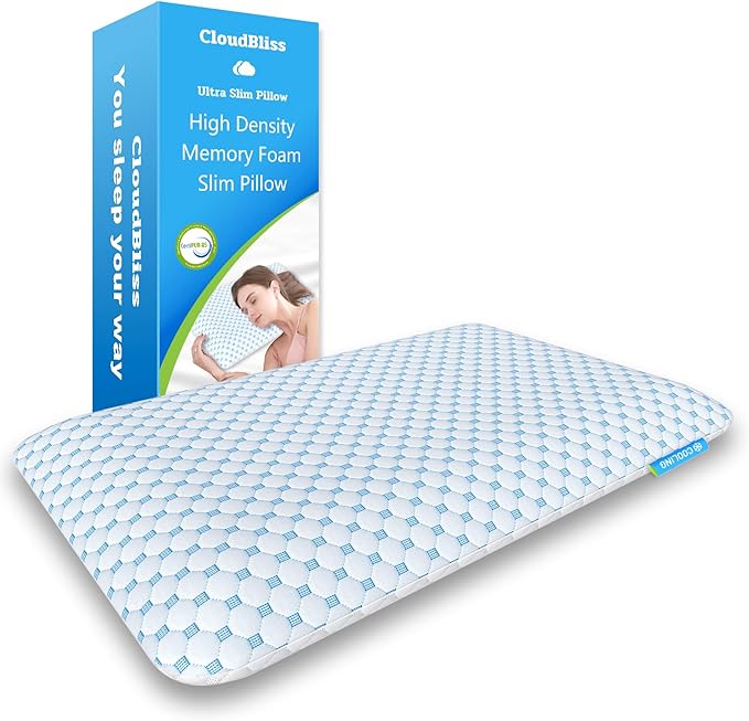 CloudBliss Thin Pillow 2.75” for Stomach & Back Sleepers – Ultra Slim Memory Foam Flat Pillow for Sleeping, Low Profile, Supports Cervical Neck Alignment, Reversible 2-Sided Breathable Cover, Standard