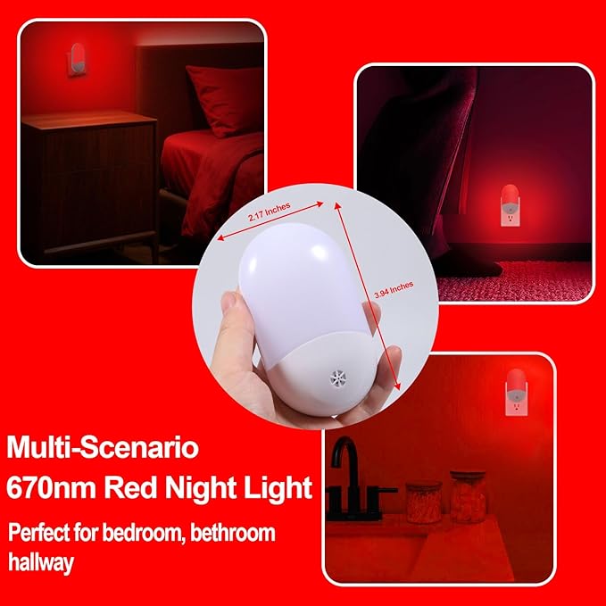 670nm Red Light Night Light for Sleep Therapy[3 Pack] - Zero Blue Light, with Dusk to Dawn Sensor Auto On/Off LED Night Light Plug into Wall for Nursery Bedroom Bathroom
