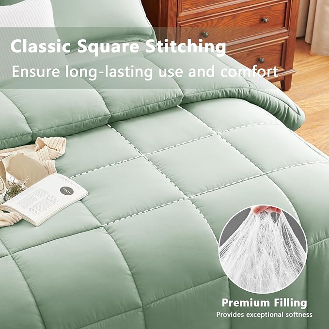 CozyLux Queen Comforter Set - 270GSM Sage Green Bedding Sets for All Seasons, 3 Pieces Box Stitched Bed Set with 1 Down Alternative Comforter and 2 Pillow Shams, Soft, Lightweight, Breathable