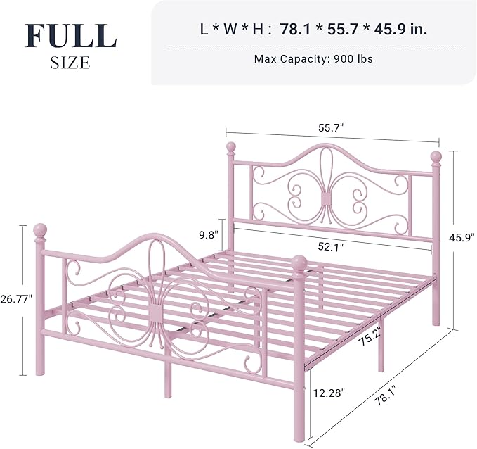 Allewie Full Size Bed Frame with Headboard,Metal Bed Frame with Butterfly Pattern Design Headboard & Footboard,No Box Spring Needed,Easy Assembly,Pink