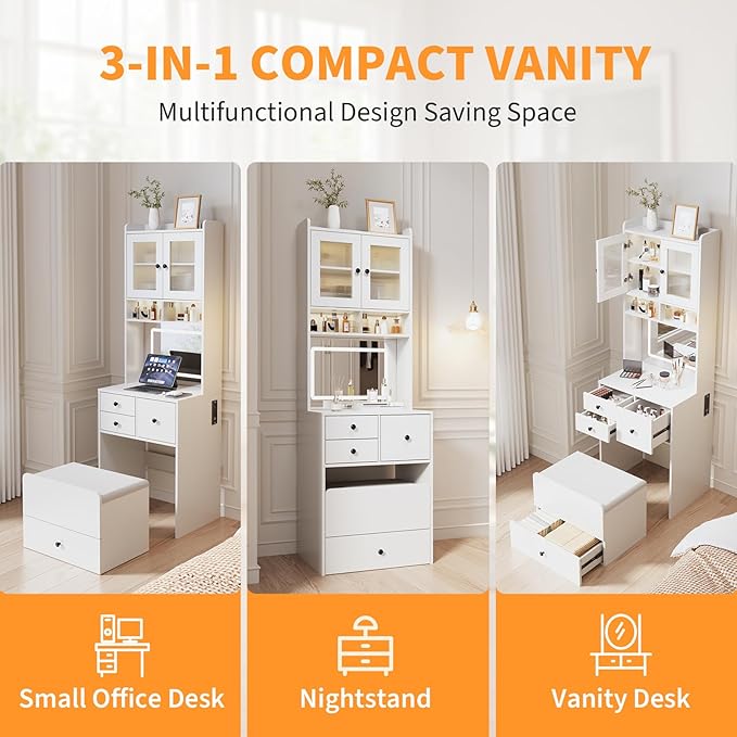 GarveeLife Compact Vanity, Make Up Vanity Desk with Mirror and Lights, White Vanity Table Set with Charger Station,Girls Small Vanity and Storage Chair